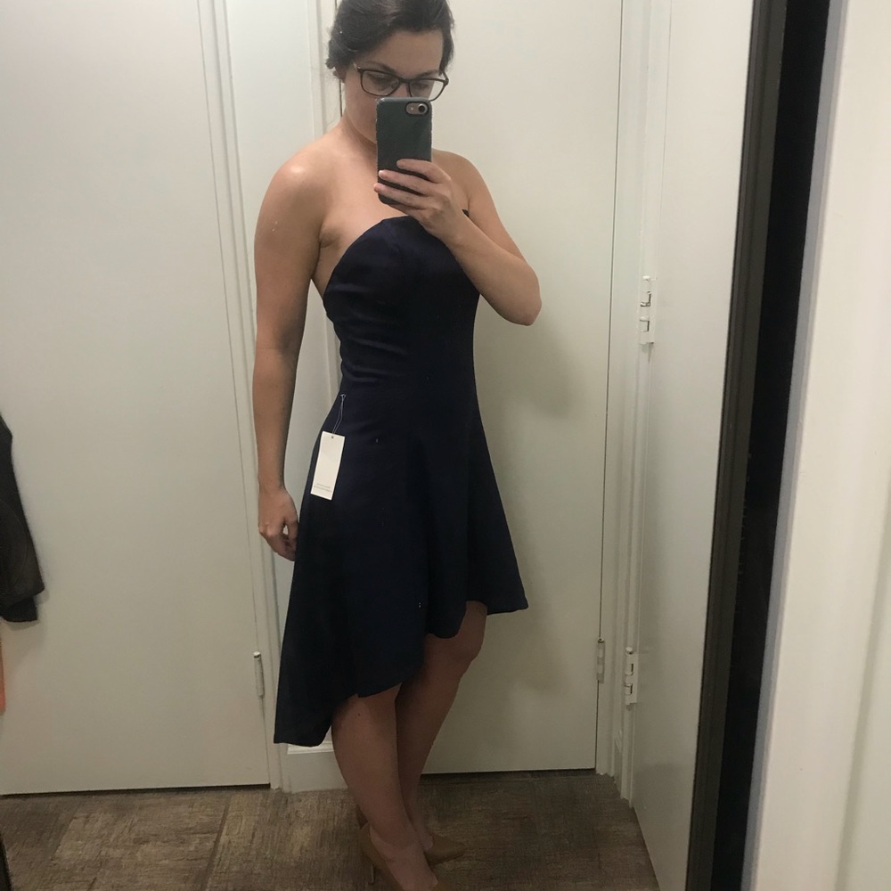 Matte navy blue high-low, low back strapless dress